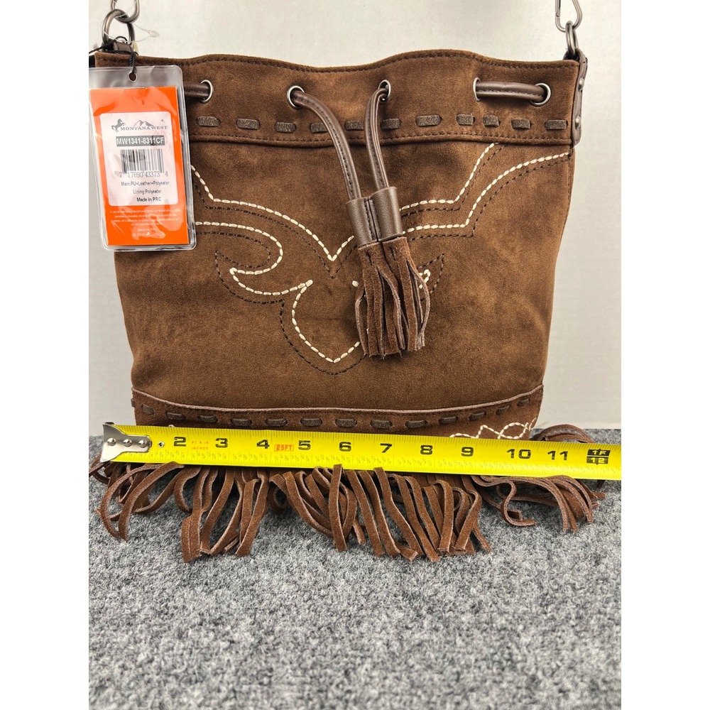 Montana West Brown Faux Suede Fringe Crossbody Bucket Bag Boot Stitch Hobo NWT - Picture 10 of 10